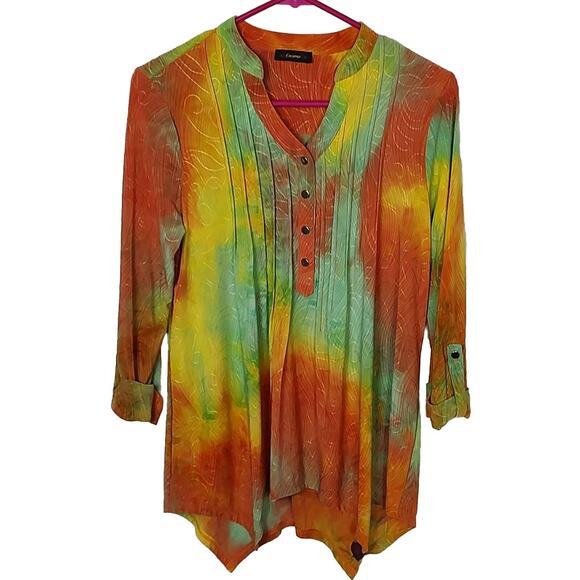 Cocomo Tops - Cocomo Womens Tie Dye Embroidered Tunic Top Orange Green 3/4 Sleeve Sharkbite L